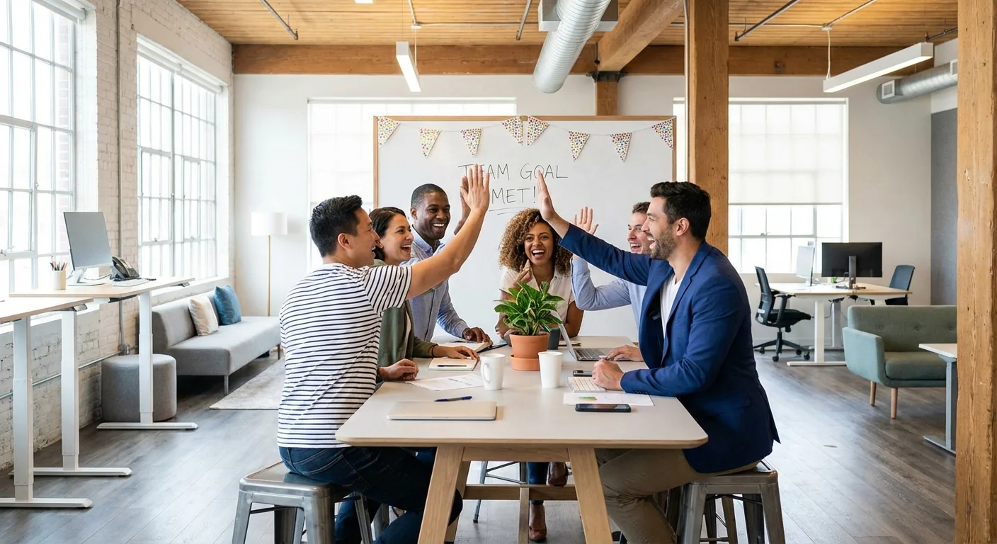 Diverse group of happy employees in casual business attire celebrating a team achievement with high-fives and smiles, modern collaborative workspace with natural light, energetic and positive atmosphere, candid documentary-style photography