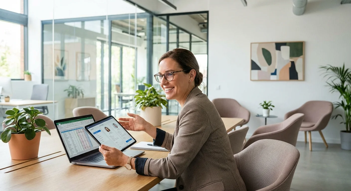 Modern HR professional reviewing candidate applications on laptop and tablet in bright contemporary... Modern HR professional reviewing candidate applications on laptop and tablet in bright contemporary office, clean minimalist aesthetic with professional business atmosphere