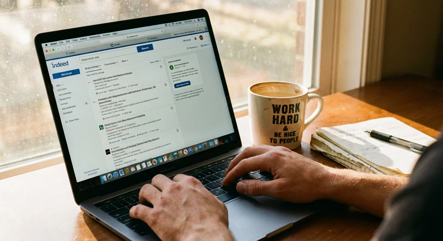 Close-up of hands typing on laptop with job search websites visible on screen, coffee cup nearby, wa... Close-up of hands typing on laptop with job search websites visible on screen, coffee cup nearby, warm natural lighting, productive and focused atmosphere