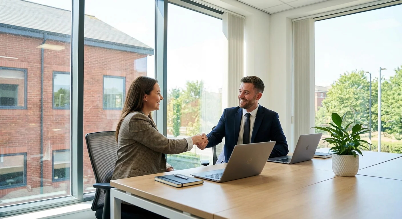 Professional job interview scene in modern Wigan office, friendly interviewer and confident candidate shaking hands, bright natural lighting, encouraging atmosphere