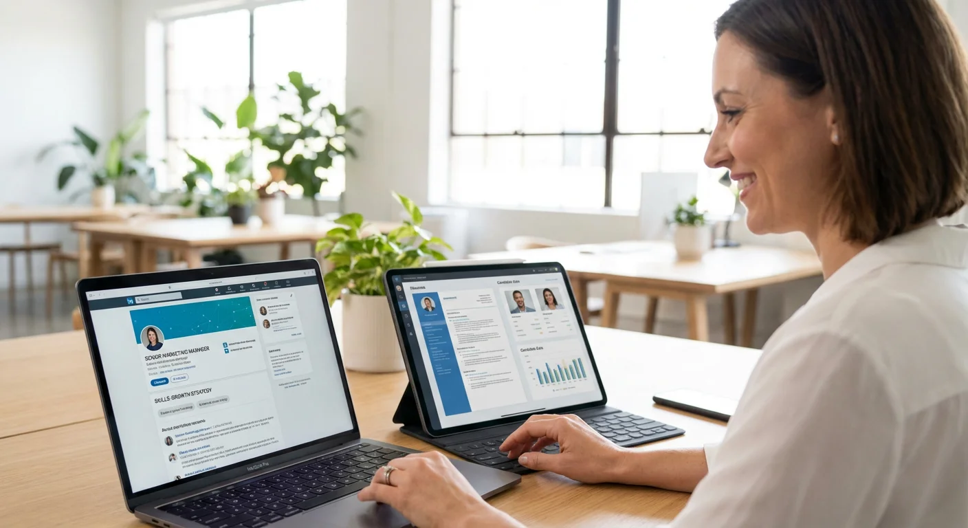 Professional recruiter reviewing candidate profiles on laptop and tablet simultaneously, modern minimalist office setting, selective focus on screens showing candidate data and profiles, bright and optimistic atmosphere
