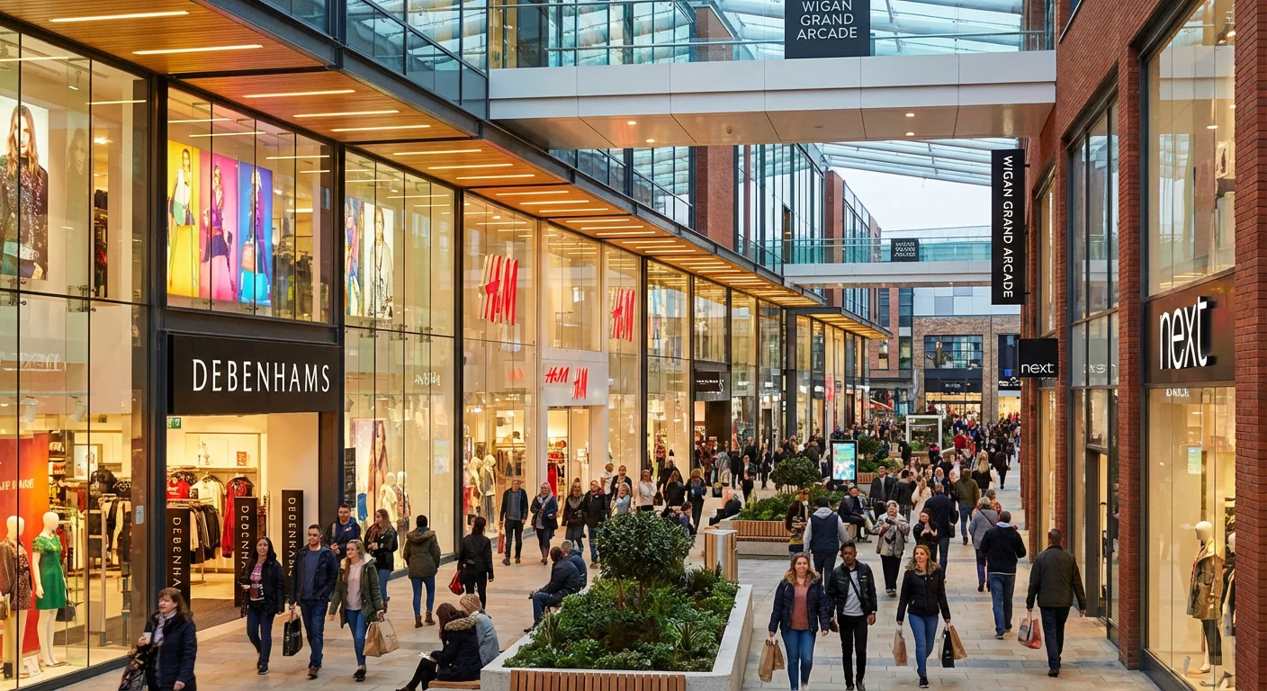 Modern retail shopping center in Wigan with busy shoppers, bright storefront displays, welcoming atmosphere, professional photography style
