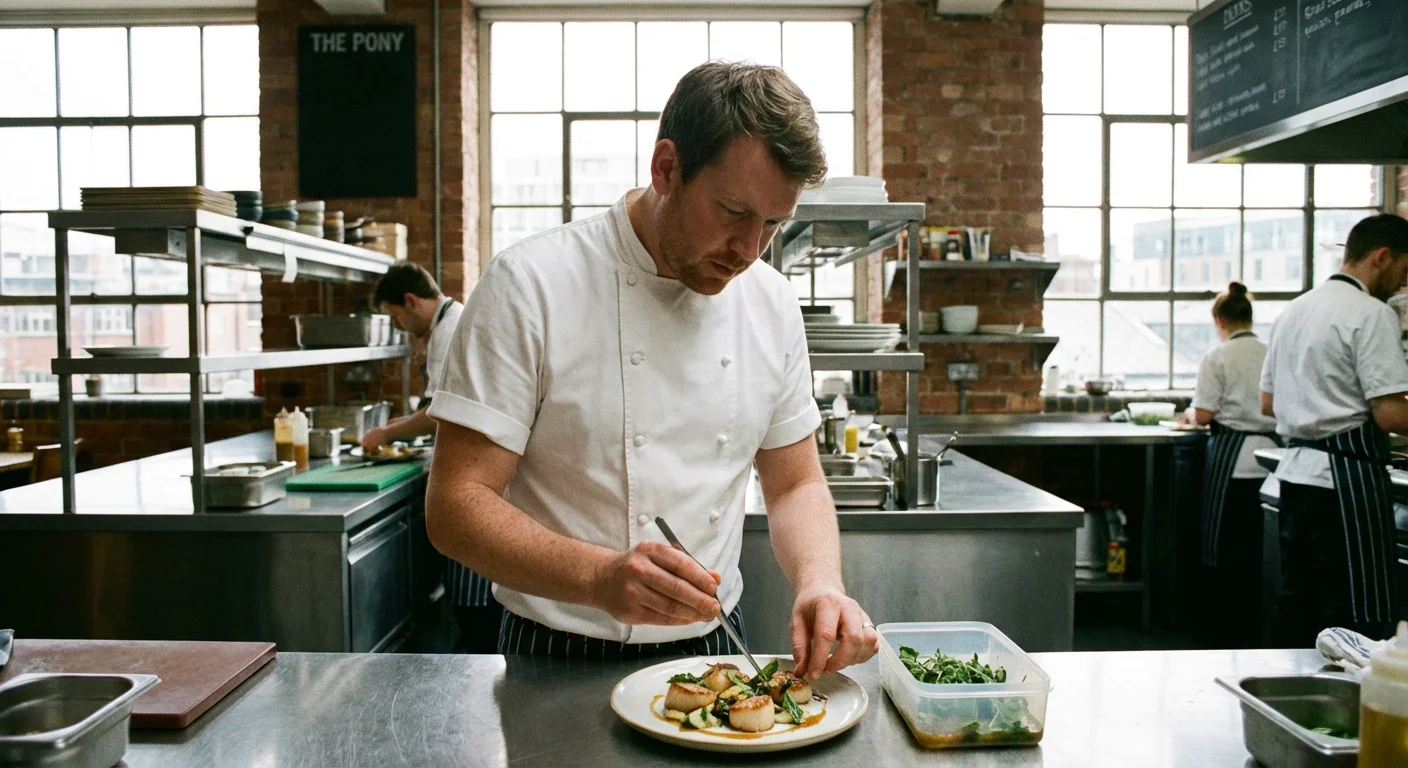 Professional chef in modern Bristol restaurant kitchen, wearing white chef's jacket, plating an elegant dish with focused concentration, bright natural lighting, contemporary industrial kitchen design with stainless steel surfaces