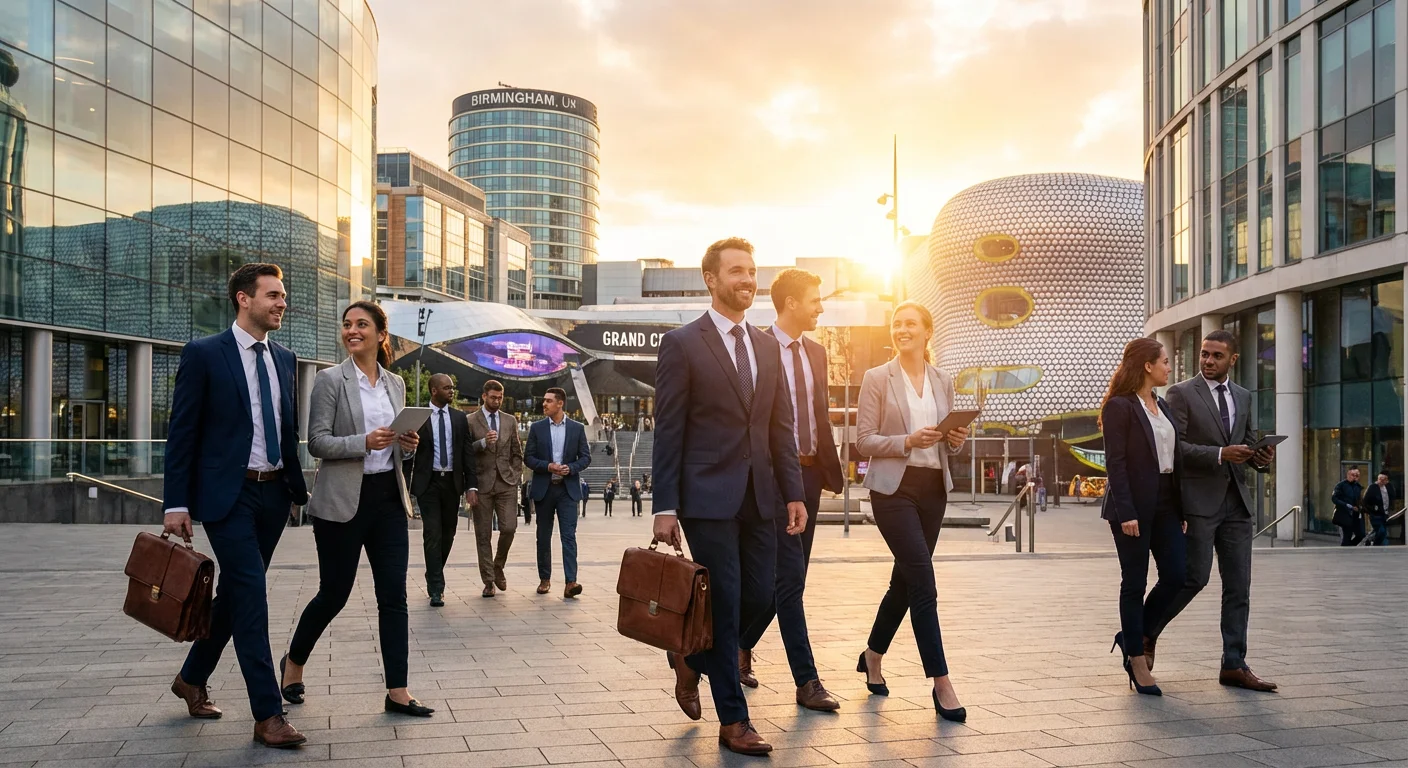 Modern Birmingham city skyline at golden hour with professional business people walking confidently in the foreground, bright and aspirational mood, high-quality corporate photography style