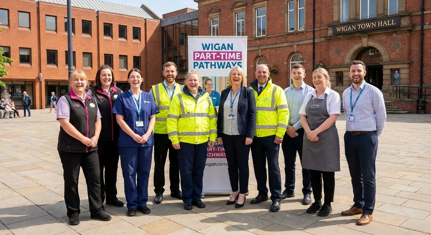 Diverse group of happy part-time workers in various uniforms, professional setting in Wigan town center, bright and optimistic mood, high-quality corporate photography