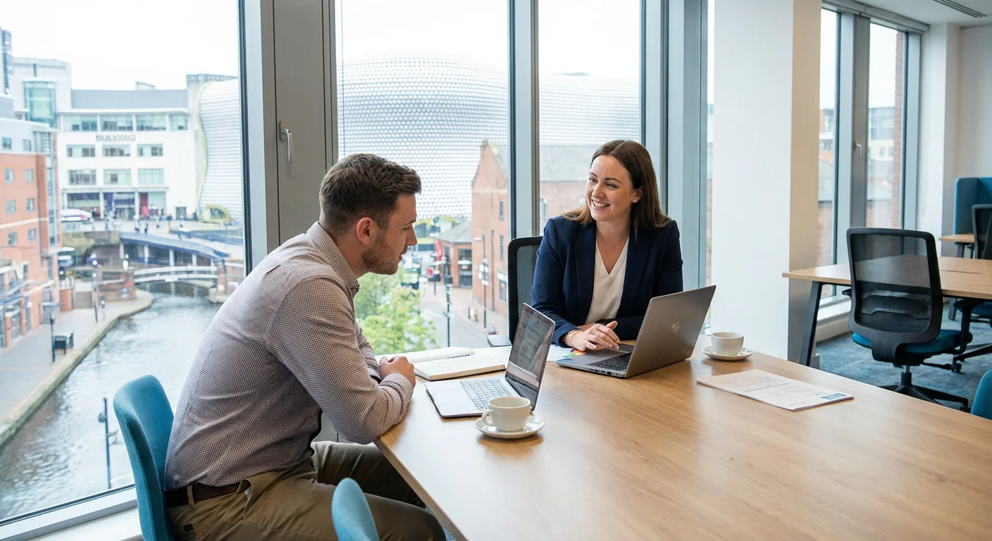 Professional recruitment consultant meeting with candidate in modern Birmingham office, collaborative atmosphere with laptops and documents, bright natural lighting, contemporary corporate photography