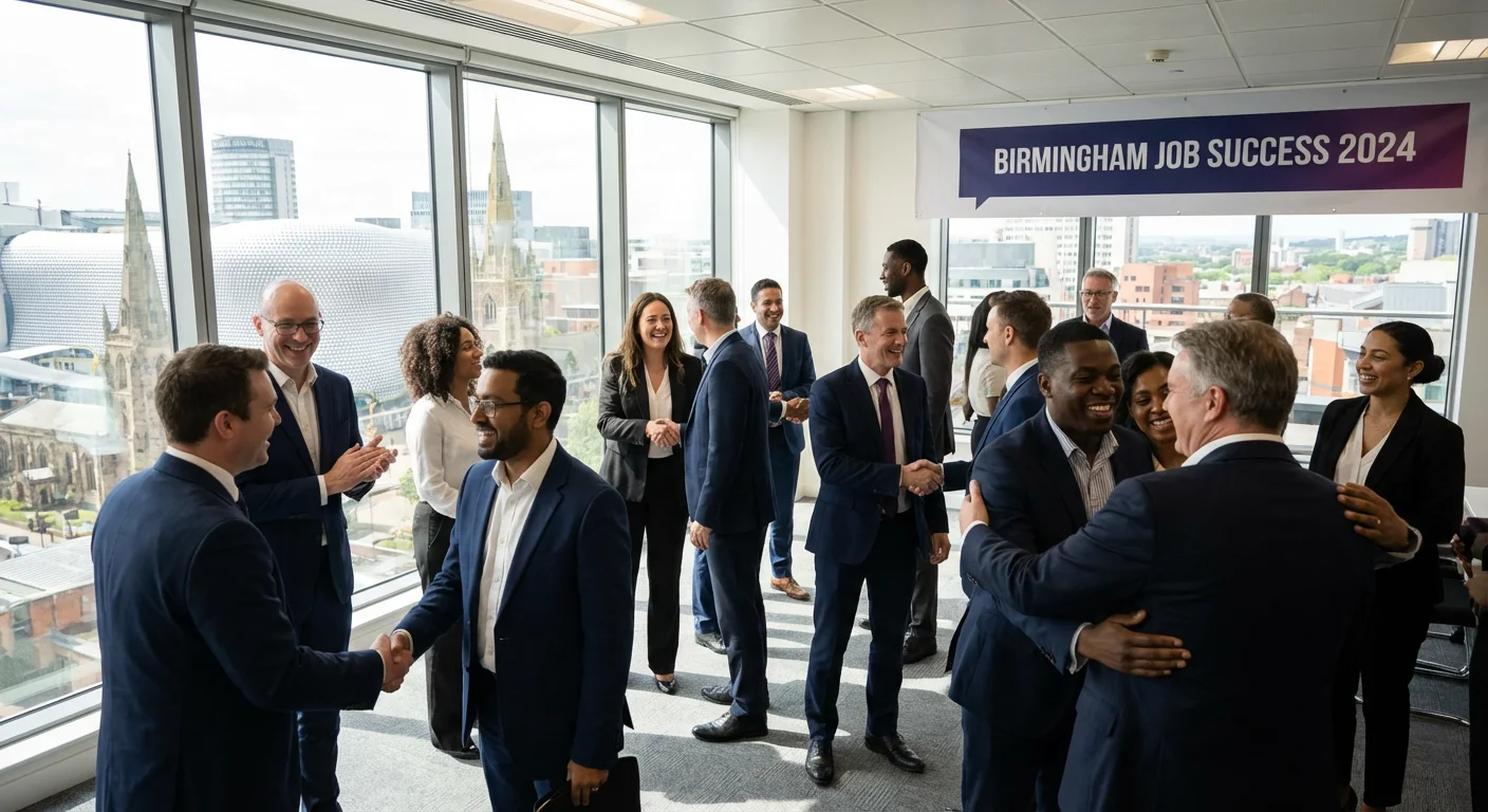 Diverse group of professionals celebrating job placement success in Birmingham office setting, handshakes and smiles, warm and positive atmosphere, professional photography with natural lighting