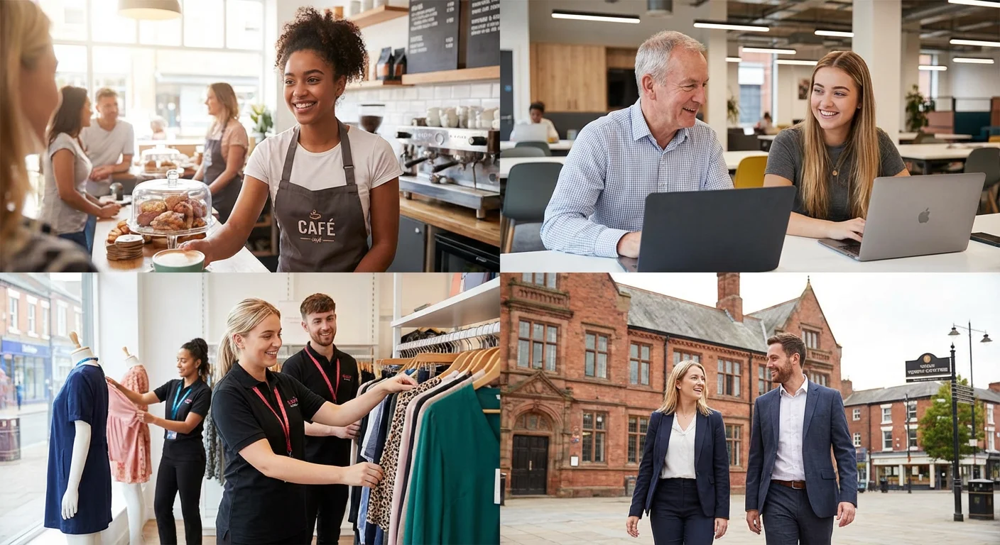 Professional diverse group of part-time workers in various settings across Wigan town center, includ... Professional diverse group of part-time workers in various settings across Wigan town center, including retail, hospitality, and office environments, bright and optimistic mood, modern photography style