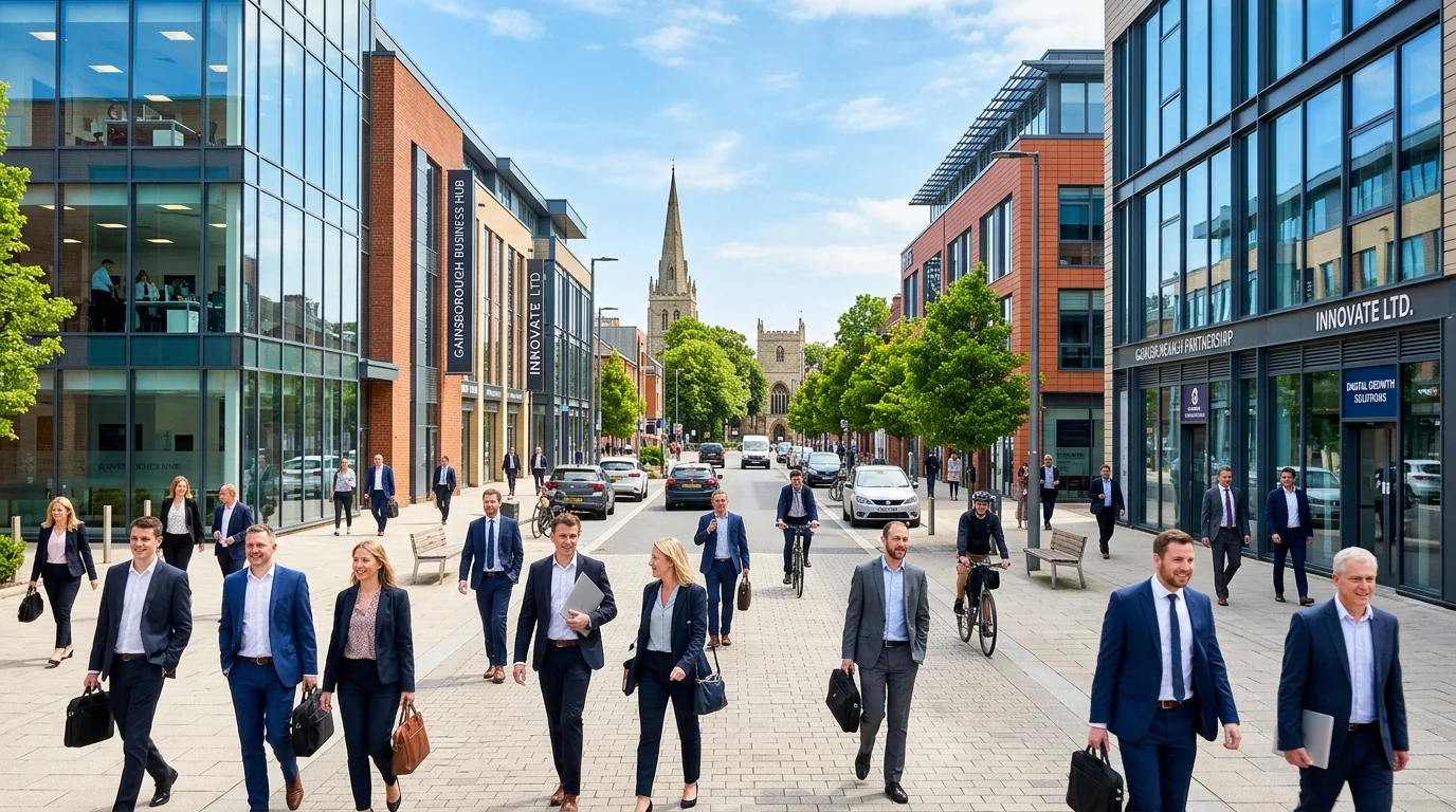 A wide, professional hero image of Gainsborough town centre, focusing on the modern business district with people in professional attire walking, symbolising opportunity and economic activity. The style should be bright, optimistic, and high-resolution.
