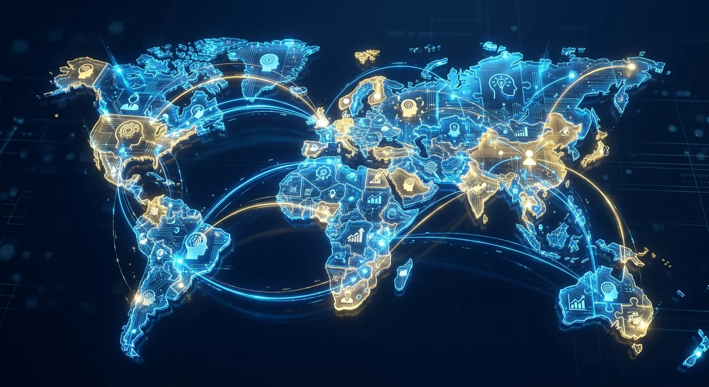 A high-tech, abstract 3D rendering of interconnected digital puzzle pieces representing a global talent network. The pieces glow with electric blue and gold light against a deep navy, corporate background. The mood is futuristic, professional, and efficient.