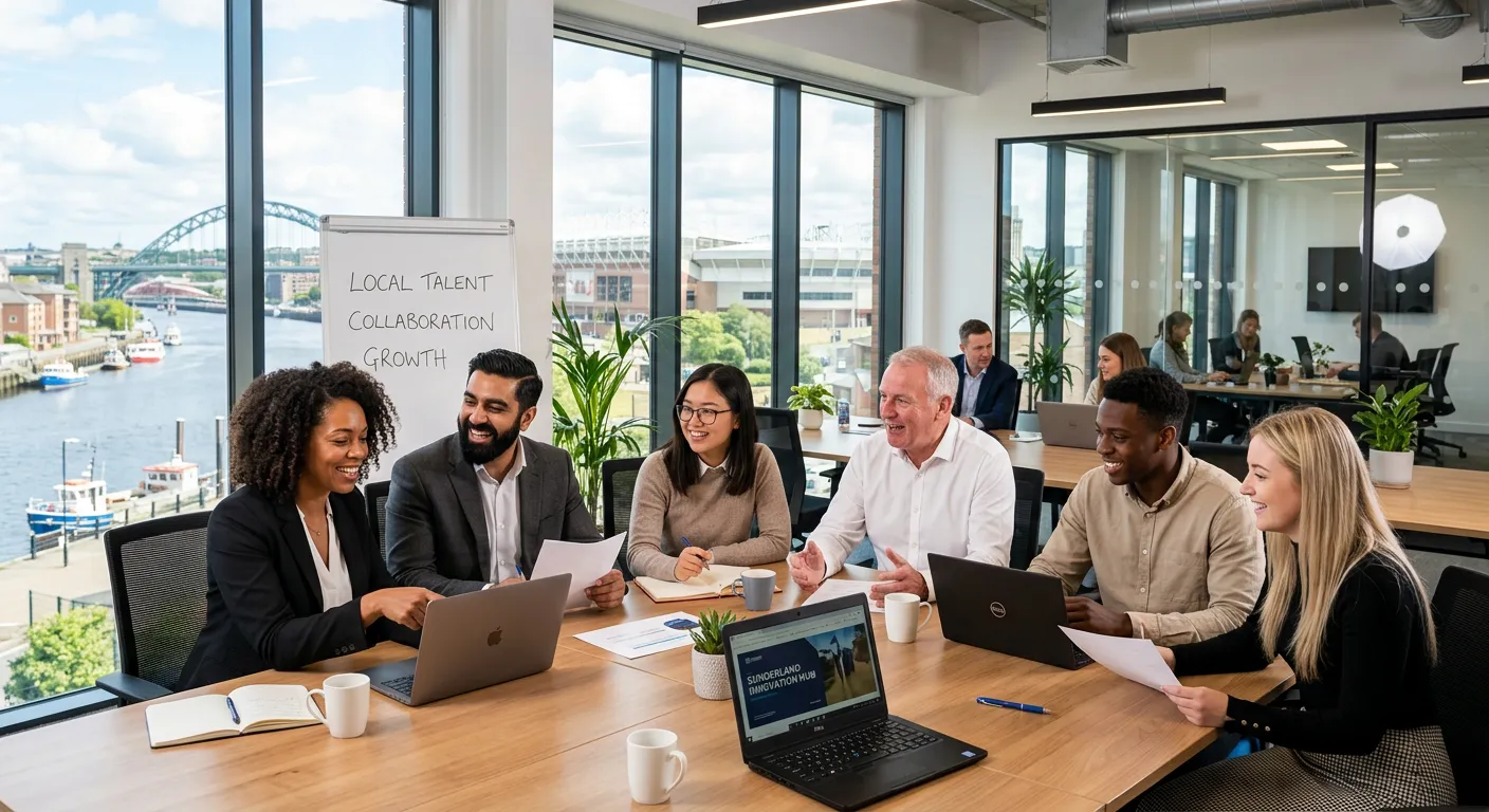 A diverse group of professional workers in a modern Sunderland business setting, smiling and collaborating, representing the local talent pool. Bright, professional, and welcoming mood.