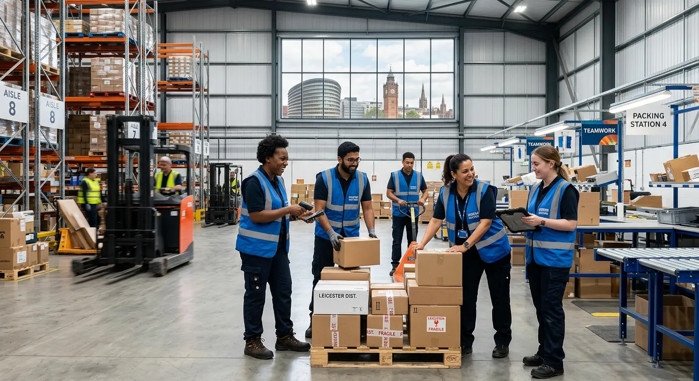A dynamic, professional photo of a diverse team of warehouse operatives in a modern Leicester distribution centre, smiling and working collaboratively, with Leicester landmarks subtly visible through a window
