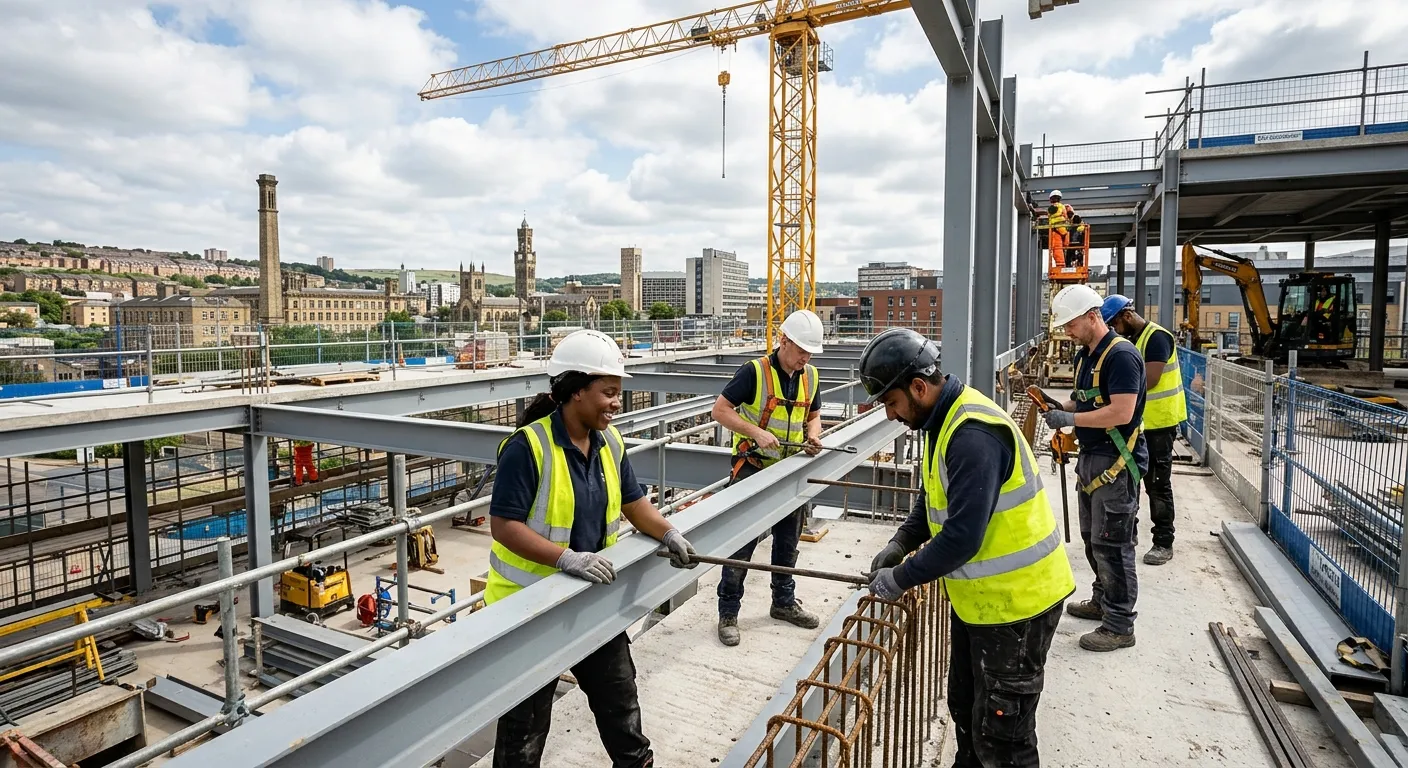 A dynamic, professional photo of a diverse construction team working on a modern building site in Bradford, with the city skyline visible, conveying action and teamwork.