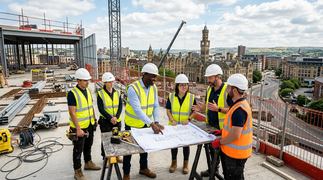 A professional, high-energy hero image showing a diverse team of construction workers collaborating on a modern building site in Bradford, with the city skyline in the background. Style: vibrant, realistic, inspiring. Mood: professional, productive, and forward-looking.