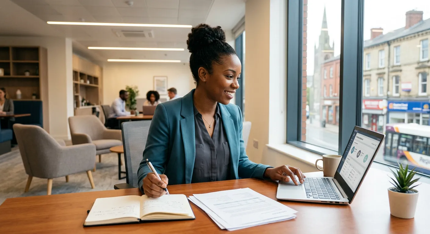A professional, welcoming image of a modern HR professional in an office setting in Oldham (OL9), sm... A professional, welcoming image of a modern HR professional in an office setting in Oldham (OL9), smiling while reviewing documents on a laptop, with a clean, bright office background.