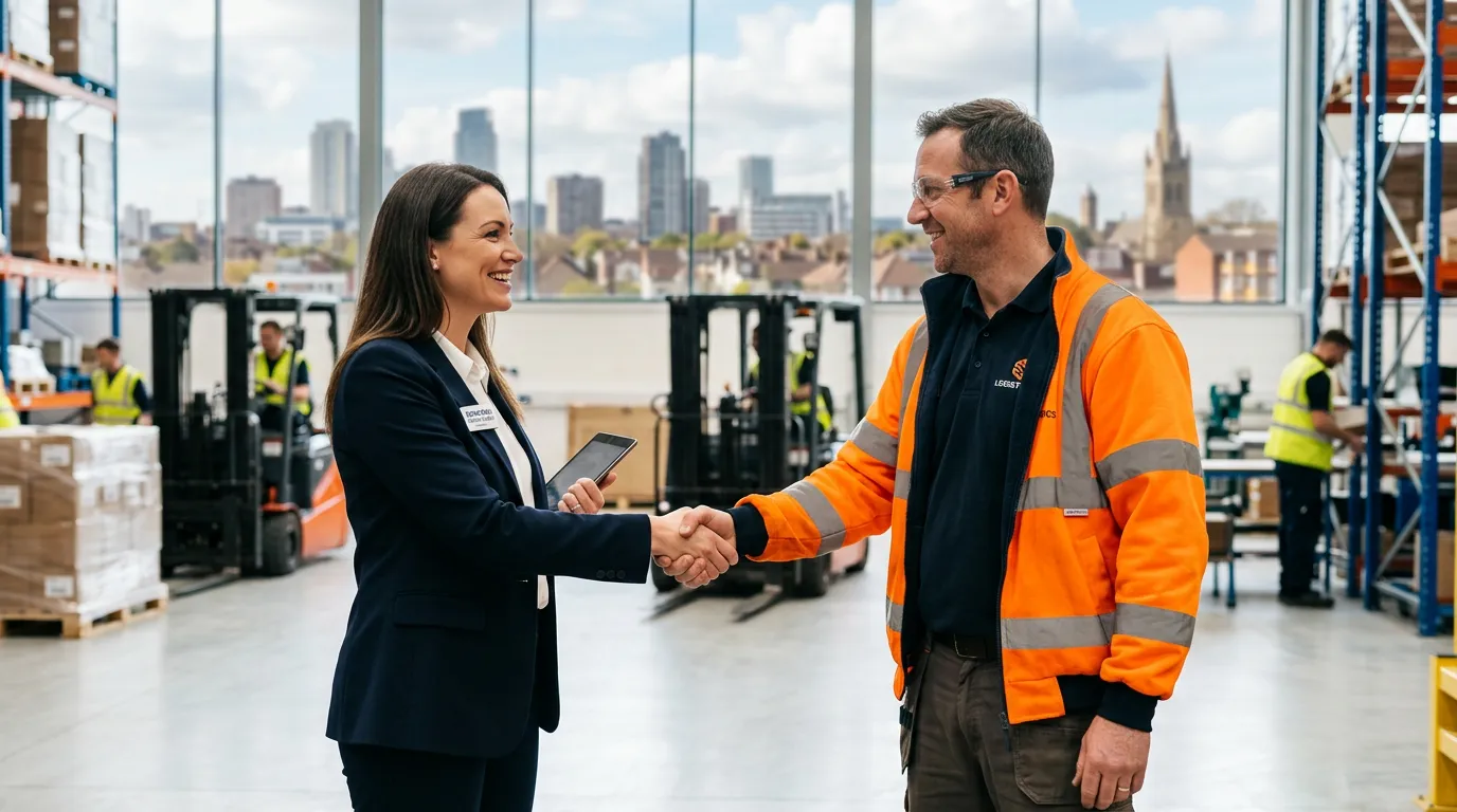 A professional, modern hero image showing a confident recruitment consultant shaking hands with a worker in a bright, industrial setting, with the Romford skyline subtly blurred in the background. The mood is trustworthy, dynamic, and locally connected.