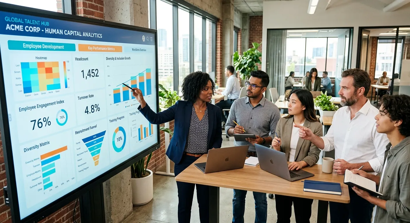 A diverse group of modern professionals collaborating in a bright, open-plan office, focusing on a digital dashboard displaying HR analytics. Style: Professional, optimistic, high-tech. Mood: Collaborative, efficient, forward-thinking.