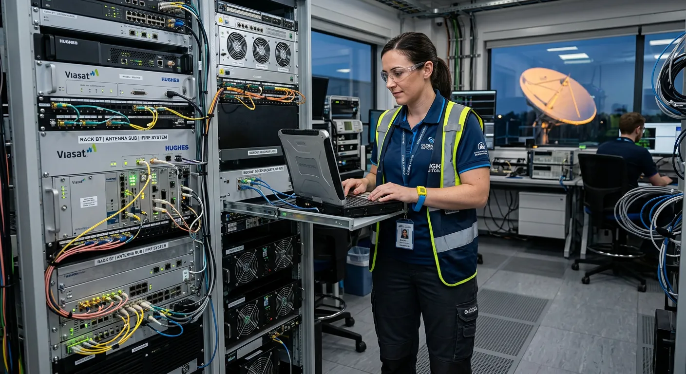 A professional, high-resolution image of a Satellite Communications Engineer at work in a modern tec... A professional, high-resolution image of a Satellite Communications Engineer at work in a modern technical environment, focusing on a satellite communications rack or antenna system. The engineer is wearing safety gear, looking confident and skilled. The style is realistic and aspirational, conveying expertise and technology.