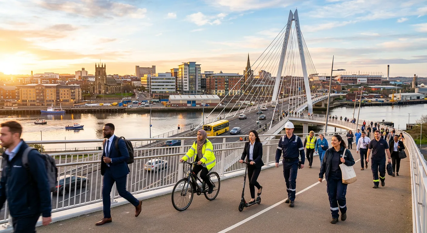 A dynamic, professional photo of the Sunderland skyline with the River Wear and the Northern Spire Bridge, featuring diverse workers commuting. Style: Vibrant, hopeful, modern. Mood: Energetic and full of opportunity.