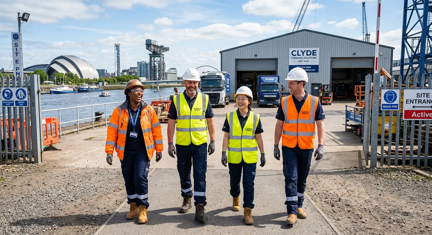 A dynamic, professional shot of diverse workers in a Glasgow industrial estate, wearing high-vis ves... A dynamic, professional shot of diverse workers in a Glasgow industrial estate, wearing high-vis vests and safety gear, smiling and walking confidently towards a warehouse or construction site. The background shows a modern Glasgow cityscape with the River Clyde. Style: bright, optimistic, corporate yet approachable.