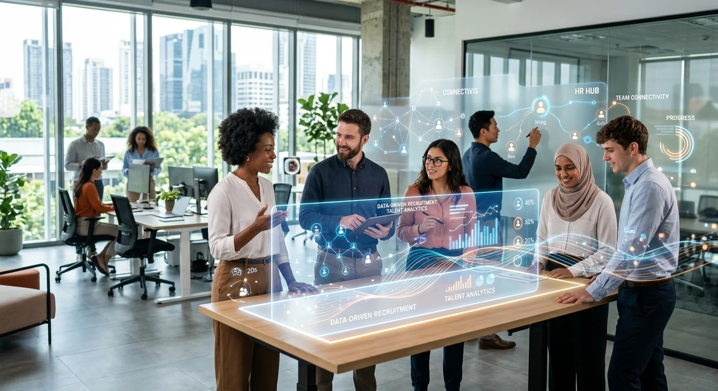A dynamic team of diverse professionals collaborating in a modern office environment, with abstract digital interfaces representing HR technology, connectivity, and data-driven recruitment; bright, high-key lighting and a sense of progress.
