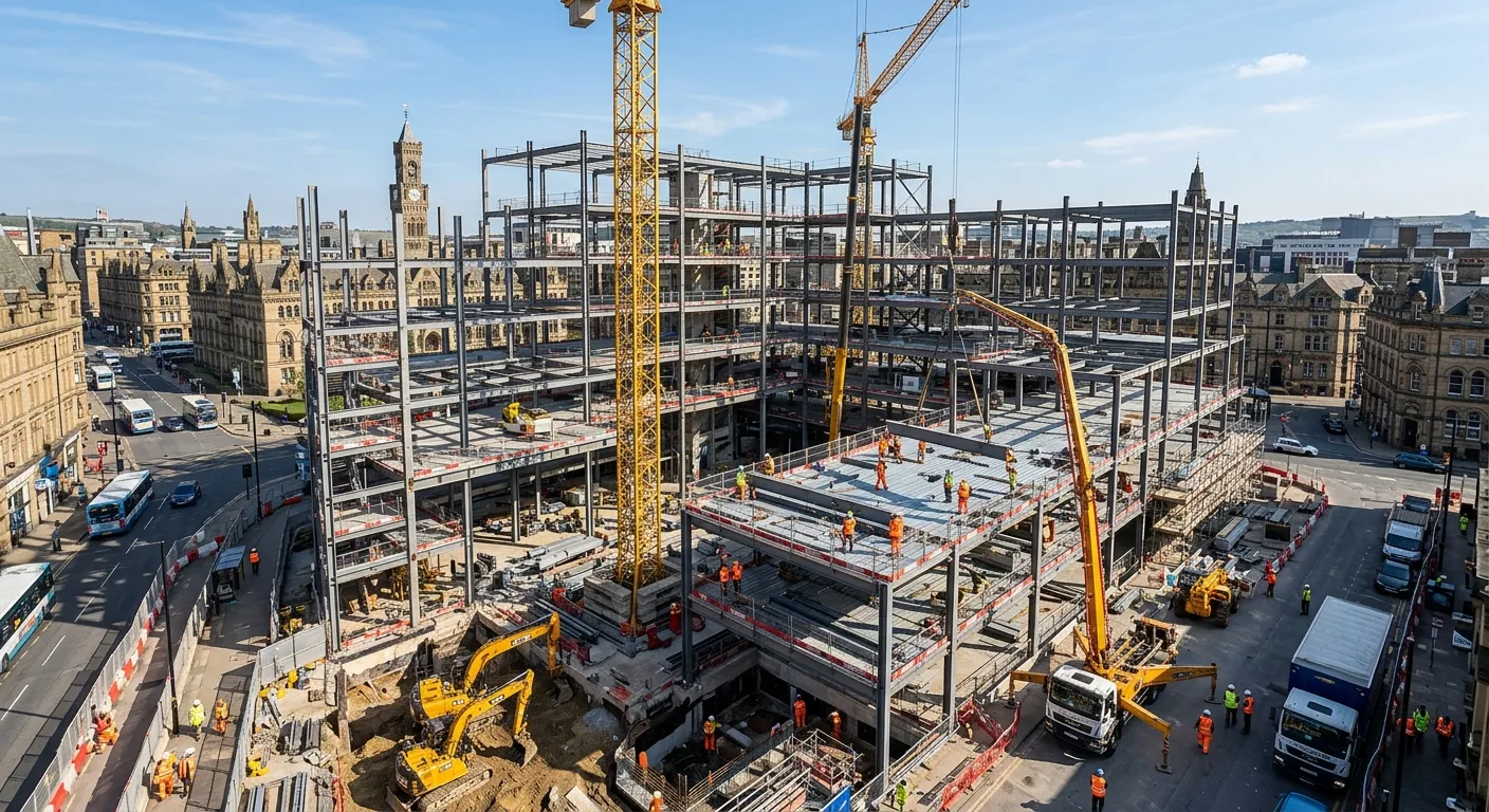 A dynamic, high-angle shot of a busy, modern construction site in Bradford city centre, with workers in high-visibility vests operating machinery and steel structures against a clear sky. Professional, inspiring mood.