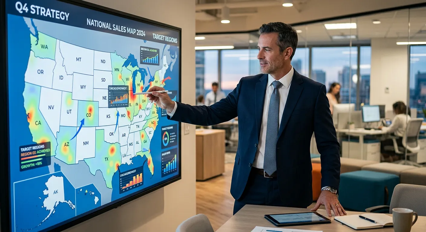 Professional sales manager in a modern office environment, reviewing a national sales strategy map,... Professional sales manager in a modern office environment, reviewing a national sales strategy map, focused and confident, representing leadership and success.