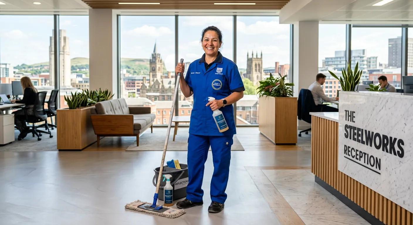 Professional cleaner in blue uniform smiling while holding a mop and spray bottle in a bright modern... Professional cleaner in blue uniform smiling while holding a mop and spray bottle in a bright modern office reception, with Sheffield cityscape visible through large windows, conveying trust and reliability.
