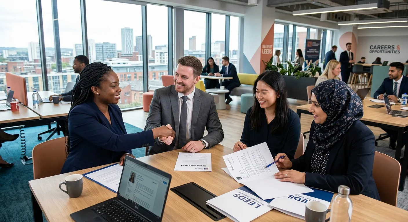 A professional, dynamic photo of a diverse group of recruitment consultants and candidates in a modern Leeds office, shaking hands and reviewing documents, conveying trust and action.