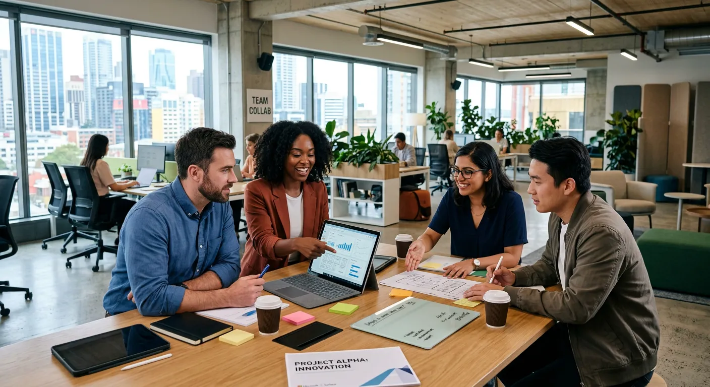 A modern, diverse group of professionals collaborating in a bright, open-plan office. Style should be professional, high-resolution, with a focus on teamwork and technology. Mood: Confident, innovative, and forward-thinking.