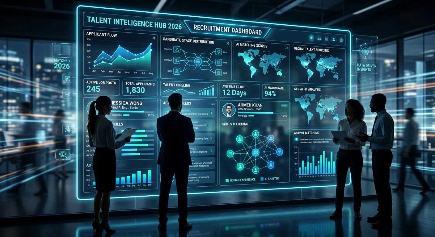 A futuristic, high-tech hiring dashboard interface glowing with blue and teal data visualisations, overlaid with silhouettes of diverse professionals. The mood is sleek, corporate, and forward-looking, symbolising the intersection of AI-driven automation and human talent in 2026 recruitment.