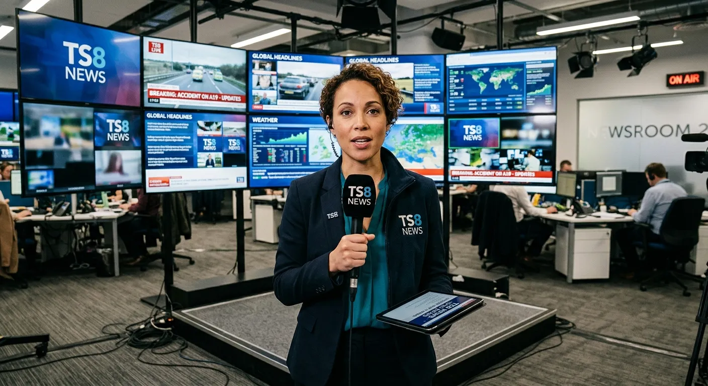 A professional, dynamic shot of a reporter in a modern newsroom setting in the TS8 area, holding a tablet and microphone, with a backdrop of monitors displaying news feeds. Style: Professional, authentic, action-oriented. Mood: Urgent, credible, and local.