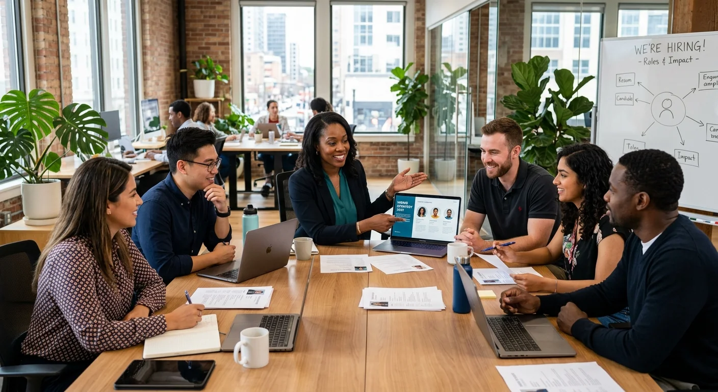 A modern, diverse team of professionals collaborating in a bright, open office environment, with a focus on recruitment and hiring, conveying success and teamwork.