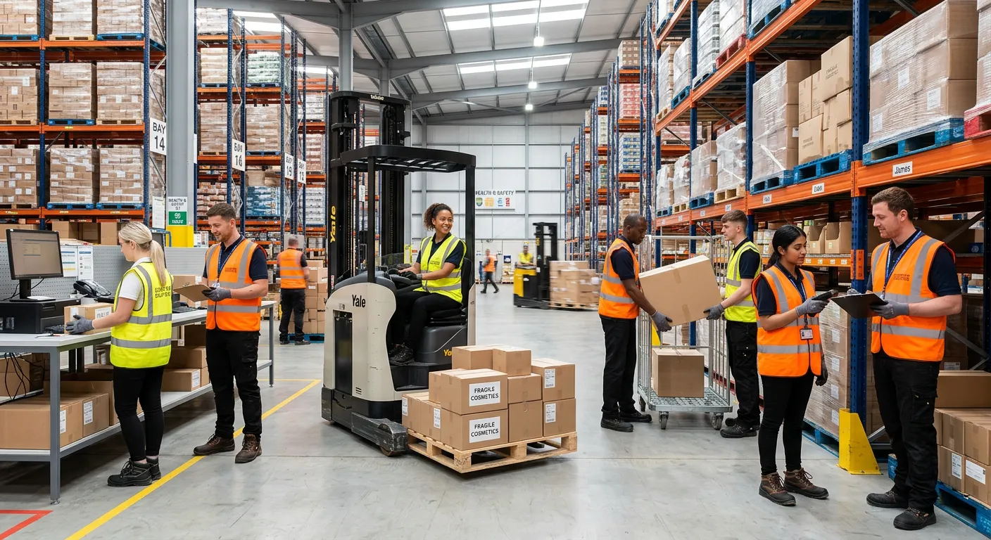 A professional, action-oriented image of a diverse team of warehouse operatives in high-visibility vests, safely handling goods in a modern, well-lit Leicester warehouse facility. The mood is productive, efficient, and collaborative.