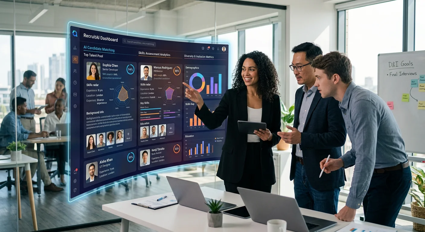 A futuristic recruitment dashboard with AI-driven analytics and diverse candidate profiles on a glowing screen, surrounded by hiring managers reviewing data, professional bright office setting.