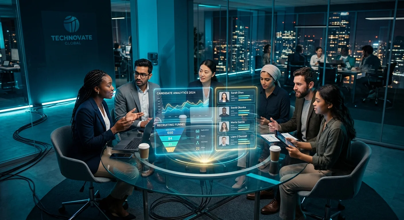 A dynamic, high-angle photograph of a diverse, modern hiring team collaborating around a glowing holographic interface displaying candidate profiles and data analytics. The atmosphere is sleek, futuristic, and professional, with a dark blue and teal color palette.