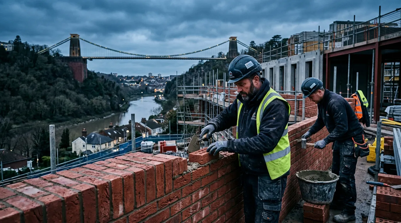 A professional, high-contrast hero image of skilled bricklayers at work on a modern construction sit... A professional, high-contrast hero image of skilled bricklayers at work on a modern construction site in Bristol, with the Clifton Suspension Bridge visible in the background. Moody, early morning light, focus on craftsmanship.