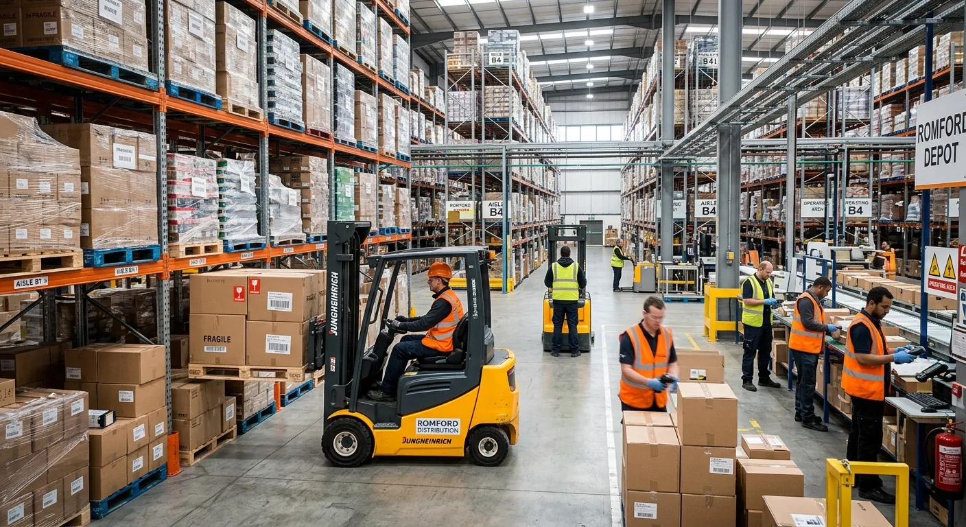 Modern, bustling warehouse interior in Romford with workers in high-visibility vests operating forklifts and managing inventory in an organized, well-lit space. Professional and dynamic mood.
