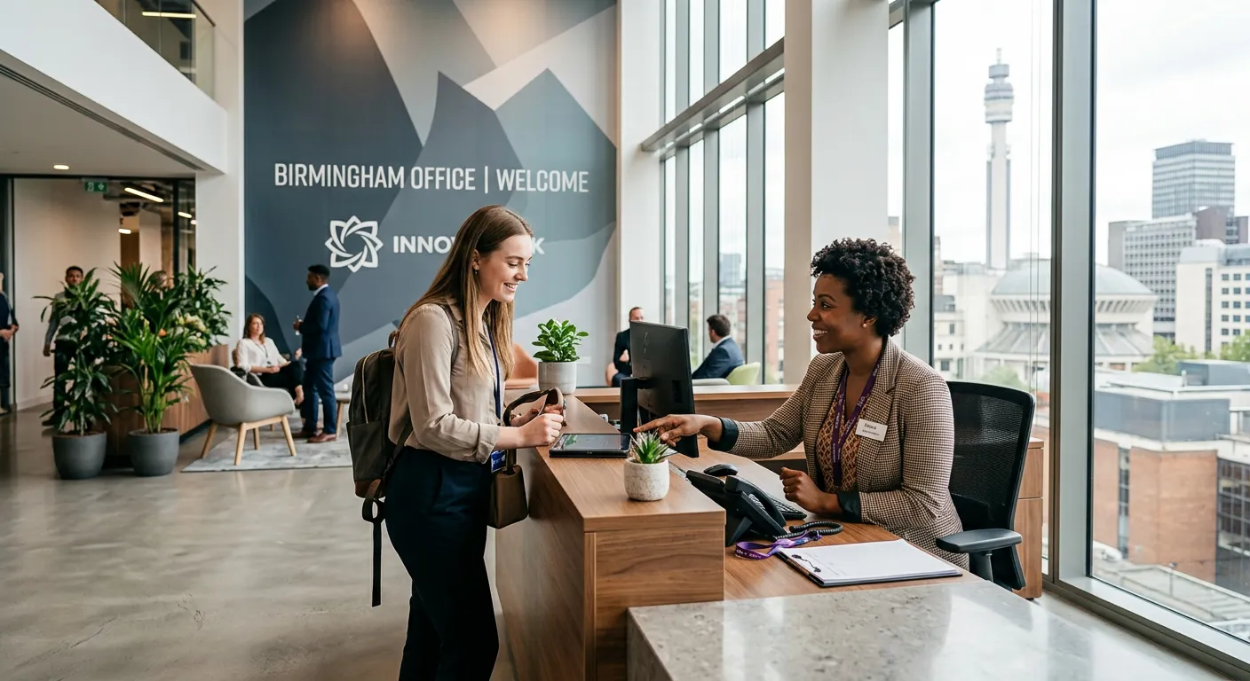 A professional female receptionist at a modern front desk in a Birmingham office, smiling and assisting a visitor, with natural light and a welcoming atmosphere.