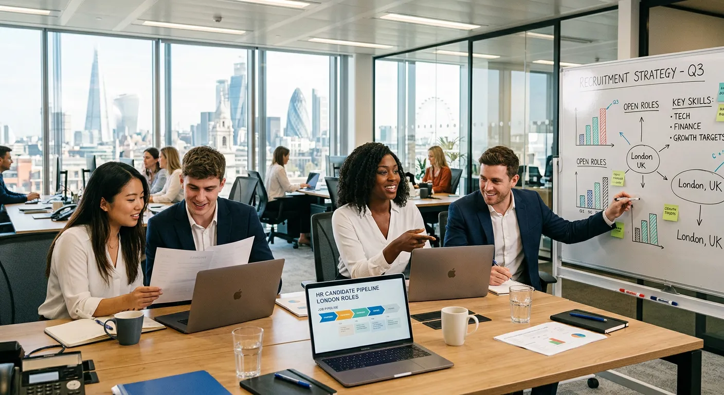 A dynamic, professional hero image showing a diverse group of recruitment consultants and HR professionals in a modern London office setting, collaborating over laptops and whiteboards. The image should convey energy, expertise, and a fast-paced recruitment environment. Style: professional business photography with warm, natural lighting.