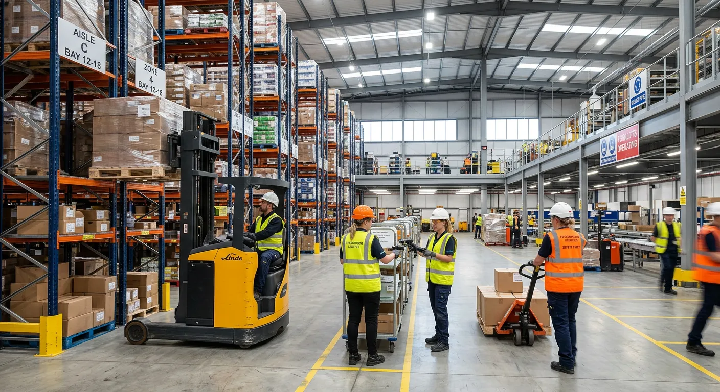 Modern, dynamic warehouse interior in Peterborough with workers in high-visibility vests operating forklifts and managing inventory, bright lighting, professional and energetic mood