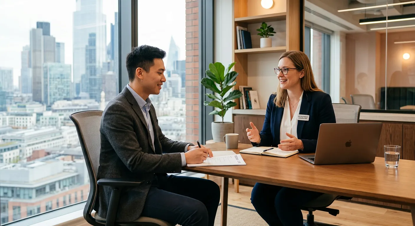 A professional recruitment consultant smiling while speaking with a job candidate in a modern office setting, with a subtle city skyline visible through the window. The atmosphere is welcoming and professional, with warm lighting and clean, contemporary decor.