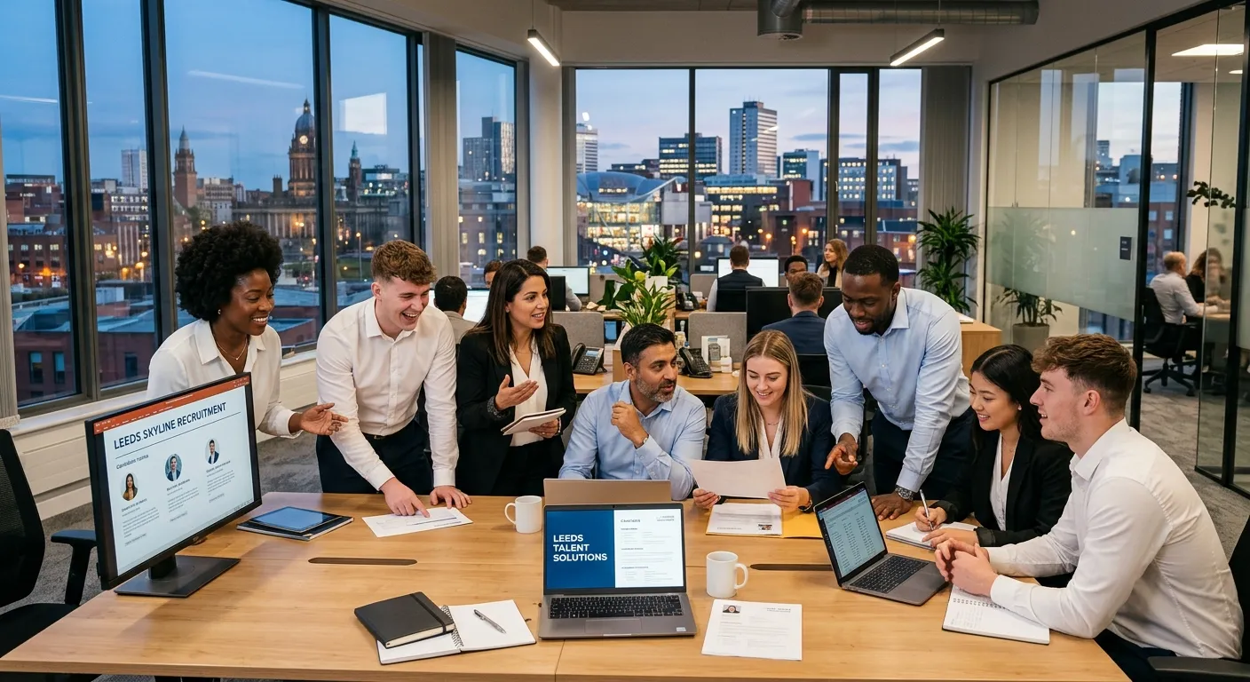 A professional, energetic photo of a diverse group of recruitment consultants collaborating in a modern Leeds office, with the Leeds skyline visible through the window. Style: Authentic, professional, local. Mood: Dynamic, successful, connected.
