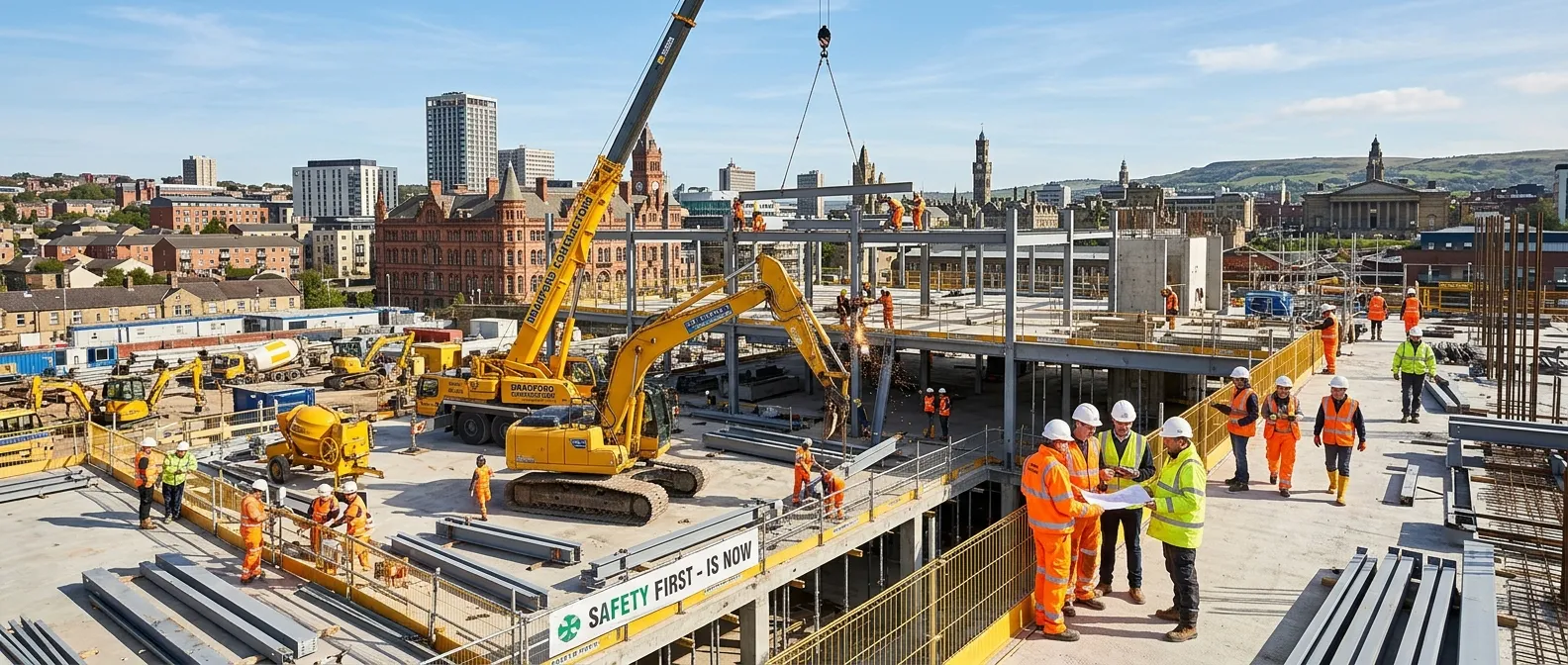 A wide, professional hero image of a modern construction site in Bradford, featuring skilled workers operating machinery and collaborating on a new building structure under a clear sky. Focus on safety gear, activity, and the urban Bradford skyline in the background.
