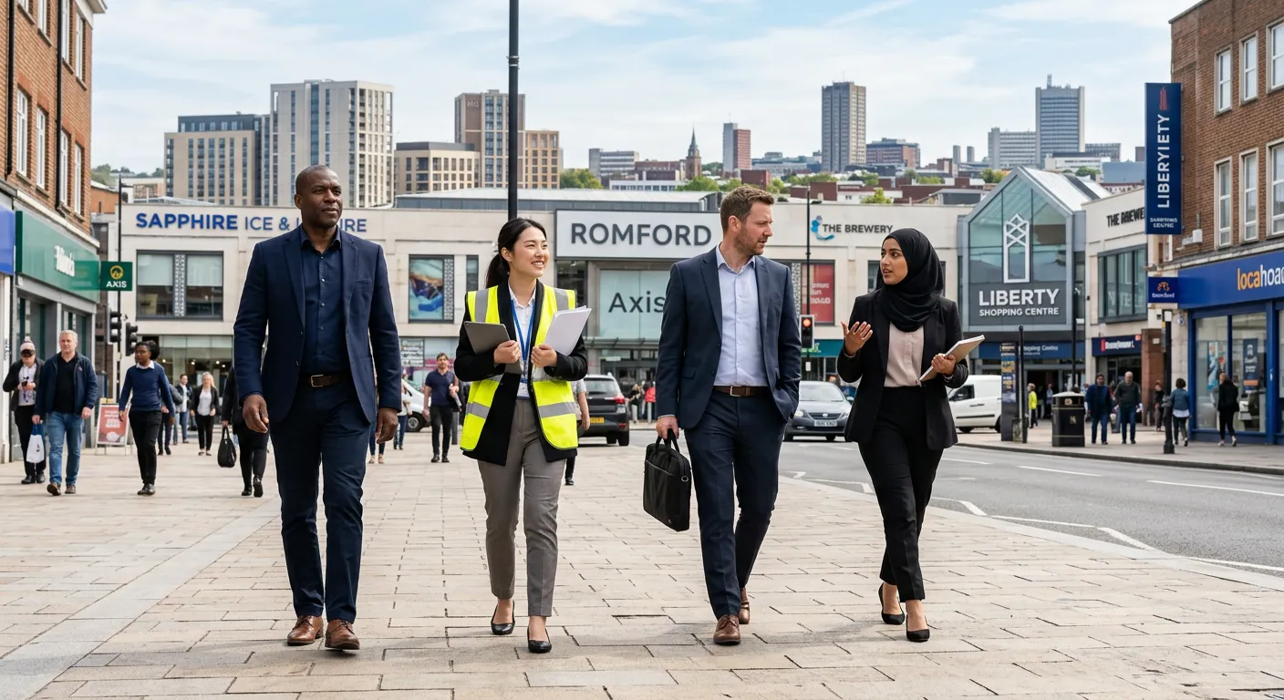 A professional photograph of diverse workers in Romford, with the town's skyline visible in the back... A professional photograph of diverse workers in Romford, with the town's skyline visible in the background, capturing a sense of urgency and opportunity, bright and natural lighting, high-resolution, corporate style.