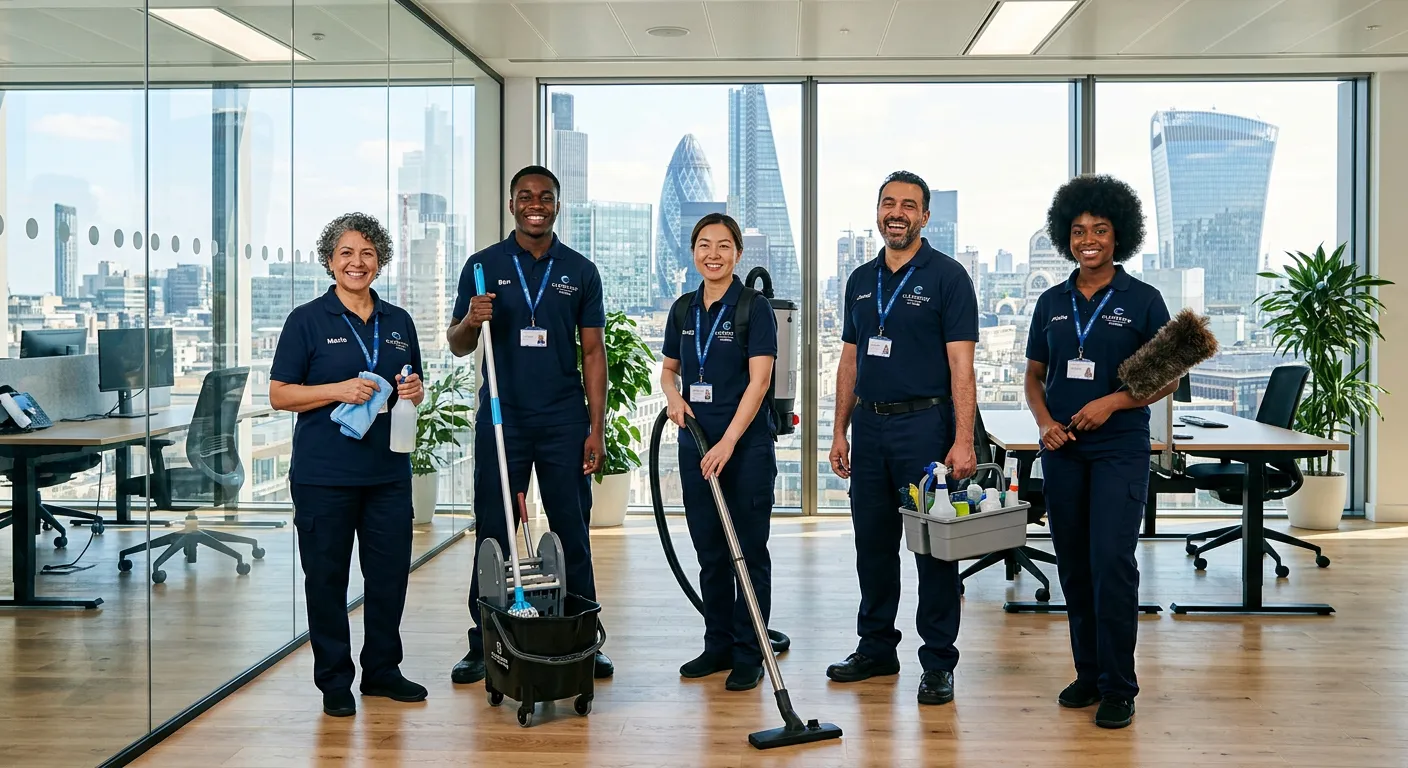Professional, diverse team of cleaners in a modern London office building, smiling and looking confi... Professional, diverse team of cleaners in a modern London office building, smiling and looking confident, holding cleaning equipment. Bright, clean, and welcoming atmosphere.