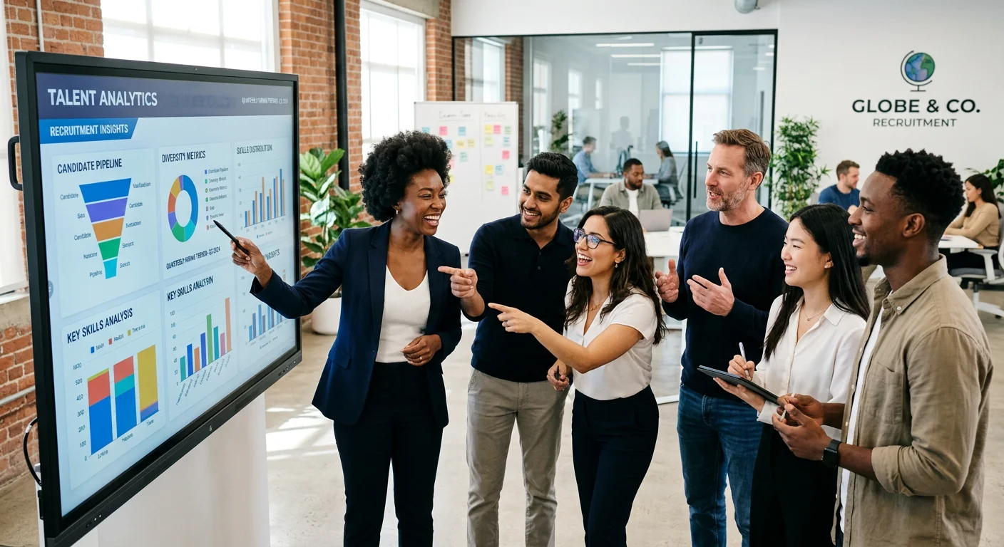A dynamic, diverse team in a bright modern office, collaborating around a digital screen showing talent analytics. High energy, inclusive atmosphere, representing forward-thinking recruitment.