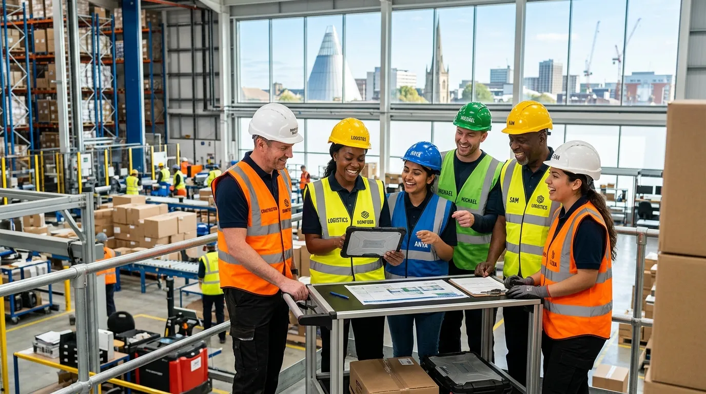 A professional, modern hero image showing a diverse group of warehouse workers and construction prof... A professional, modern hero image showing a diverse group of warehouse workers and construction professionals in bright safety gear, smiling and collaborating in a well-lit industrial setting, with the Romford skyline subtly visible in the background. The mood is optimistic, energetic, and professional.