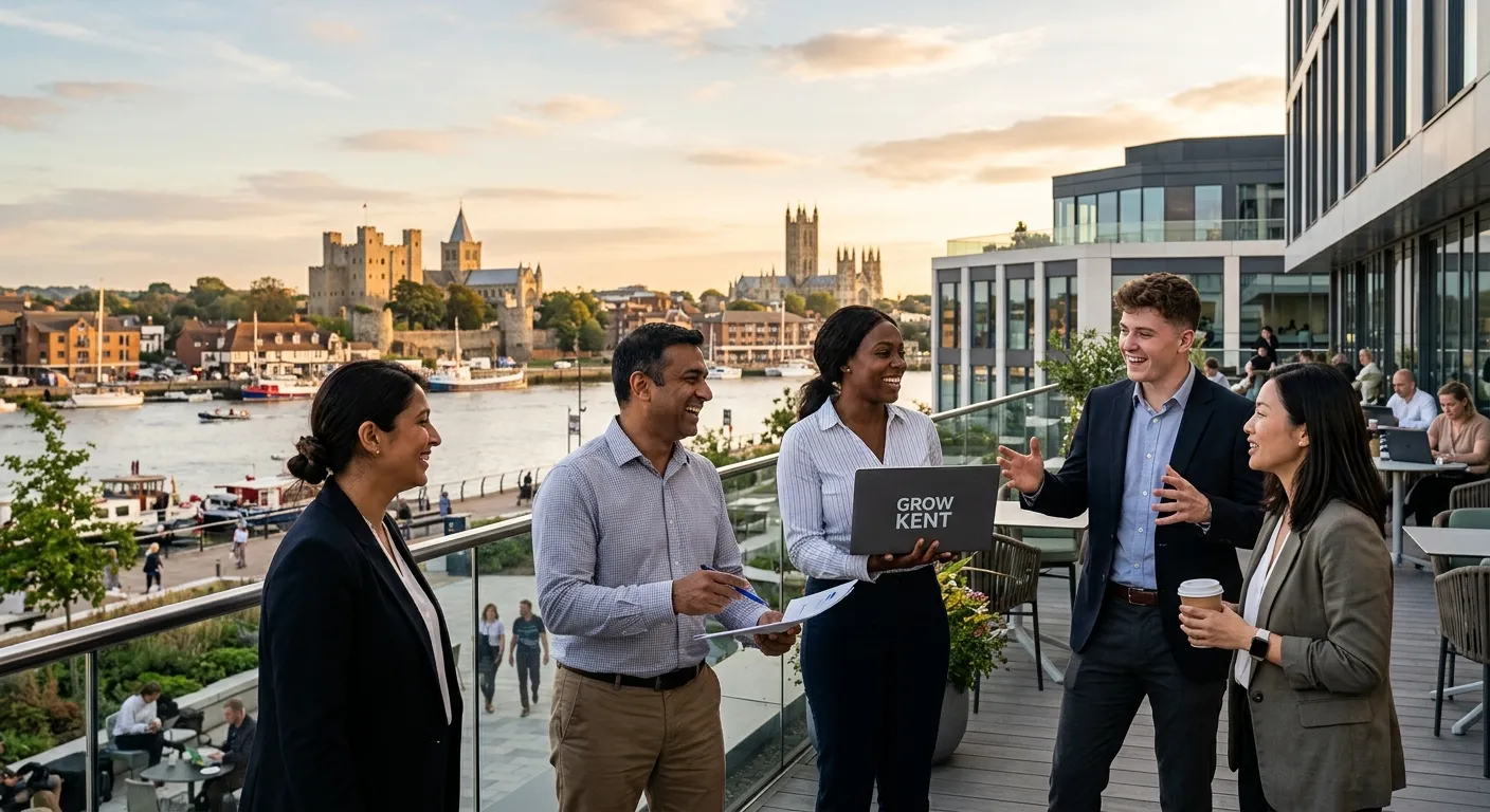 A dynamic, professional hero image showing a diverse group of people in modern work settings across... A dynamic, professional hero image showing a diverse group of people in modern work settings across Kent, such as the Medway waterfront, Canterbury Cathedral in the background, and a modern office in Maidstone. The image should convey opportunity, growth, and community. Style: Professional, uplifting, high-resolution. Mood: Optimistic and energetic.