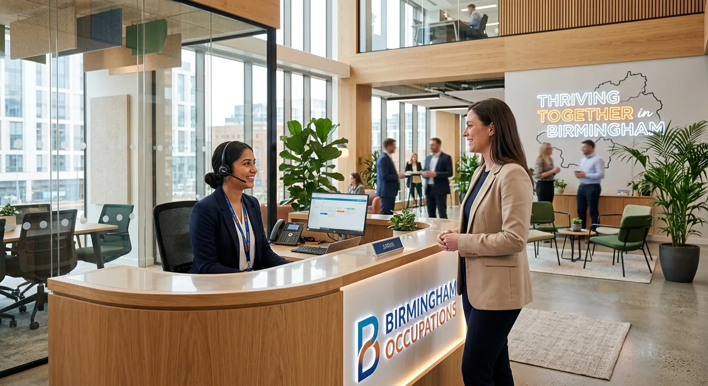 A professional, welcoming reception area in a modern Birmingham office building. A friendly receptio... A professional, welcoming reception area in a modern Birmingham office building. A friendly receptionist is seated at a sleek front desk with a headset, smiling and greeting a visitor. The background shows a bright, contemporary corporate lobby with glass partitions, indoor plants, and soft natural lighting. The mood is professional, warm, and aspirational, representing career opportunities in Birmingham's thriving business sector.